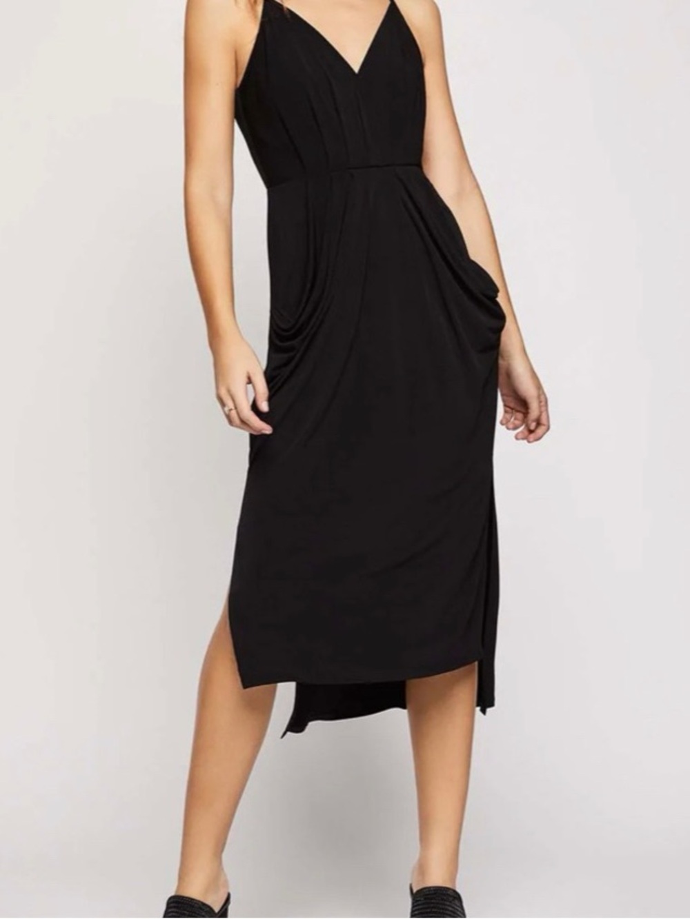 BCBGeneration Black High-Low V-Neck Draped Midi Dress